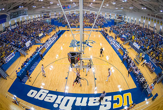 RIMAC Arena basketball court at UC San Diego - fisheye view from above