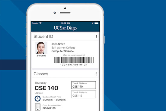 Phone screen mockup displaying the UC San Diego mobile app